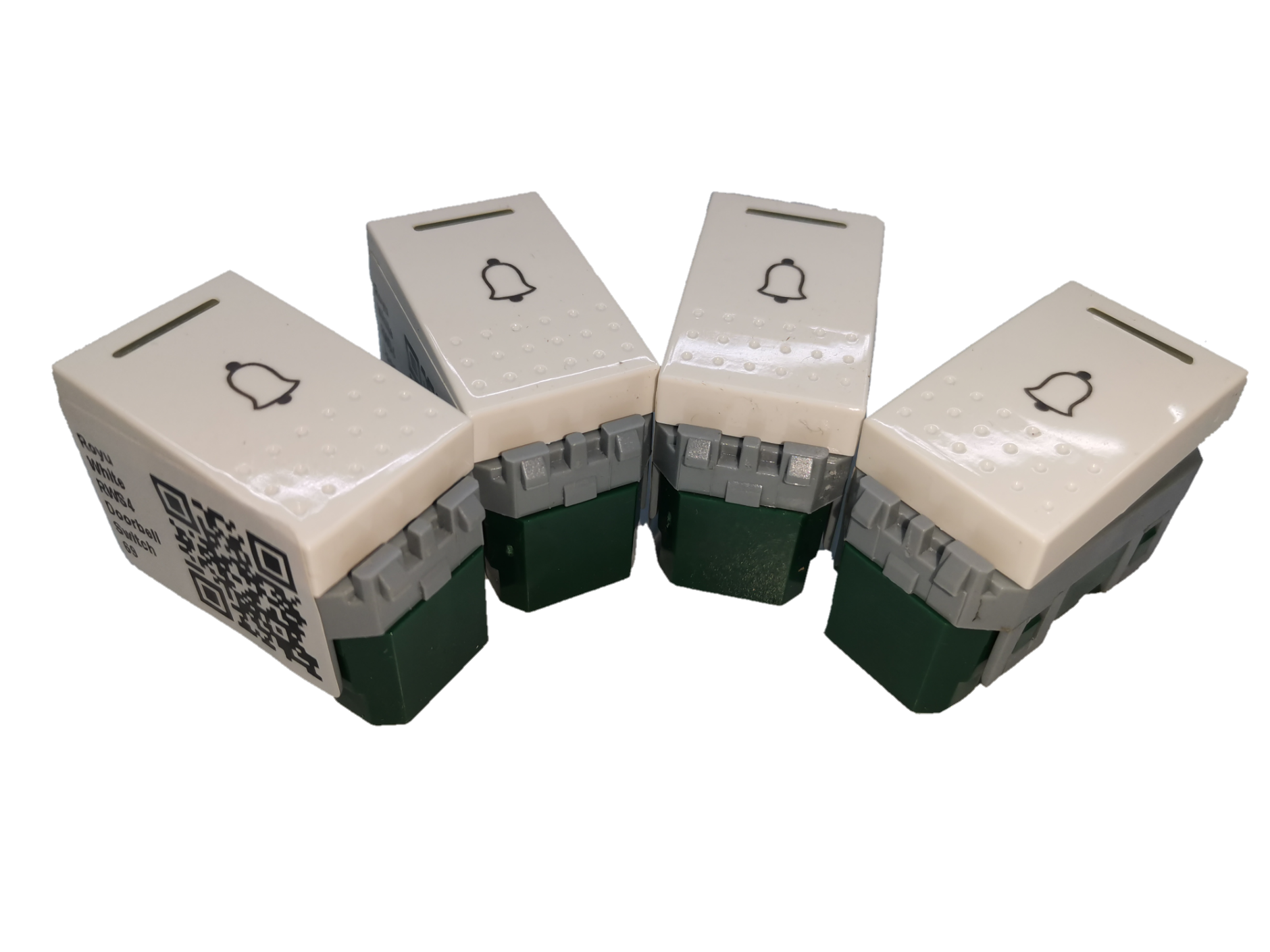 Four Royu Doorbell Switch RWS4 units with beige top and bell icon designed for power points and switches