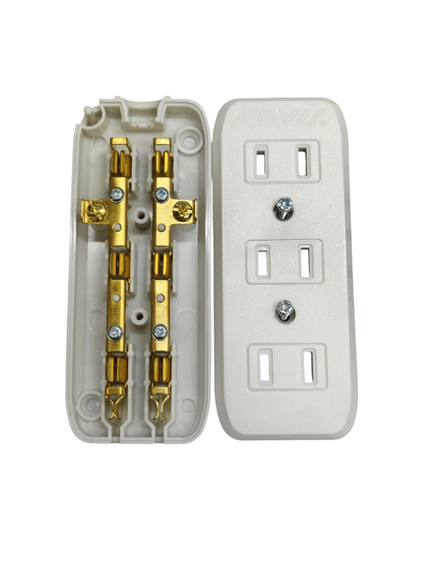 Royu 3 gang flat pin outlet showing white plastic casing and exposed brass terminals for wiring