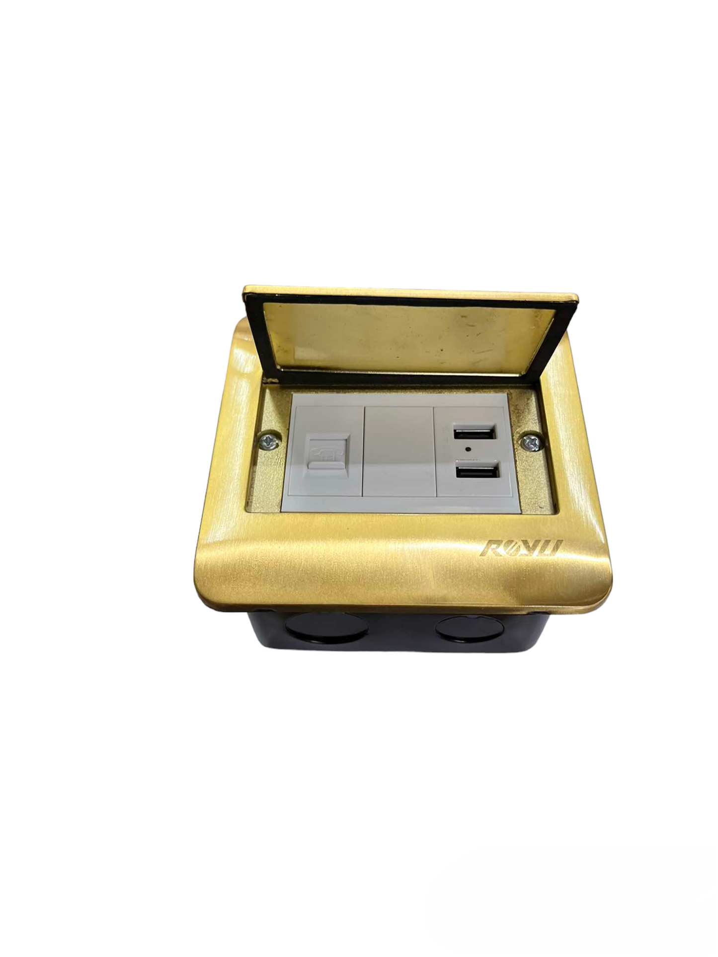 Royu Floor Outlet 2 Port USB Outlet 2100mAh with gold cover and dual USB ports for power and charging