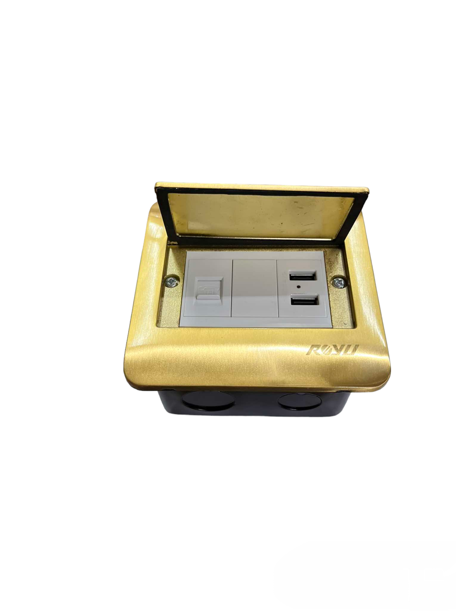Royu Floor Outlet 2 Port USB Outlet 2100mAh with gold cover and dual USB ports for power and charging