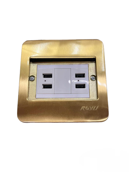 Royu Floor Outlet 4 Port USB Outlet with gold metal frame and white USB charging ports