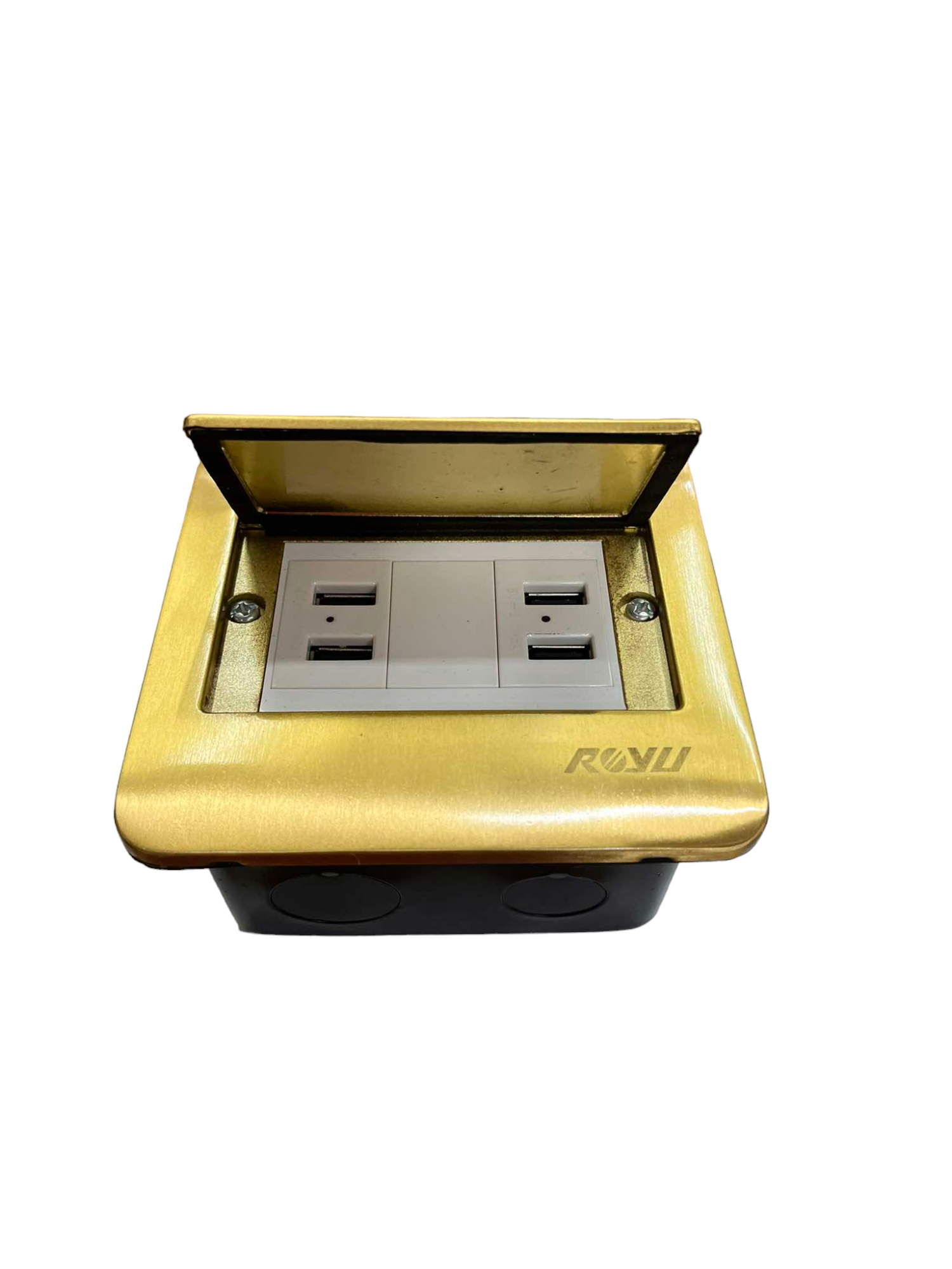 Royu Floor Outlet 4 Port USB Outlet with gold cover and four USB ports for charging devices