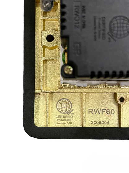Close up view of Royu Floor Outlet 6 Port USB Outlet showing certification and model details