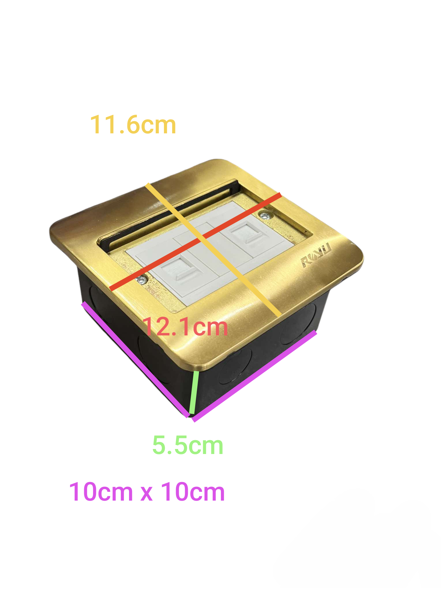 Royu Floor Outlet TEL and LAN Outlet with brass finish and detailed dimension markings