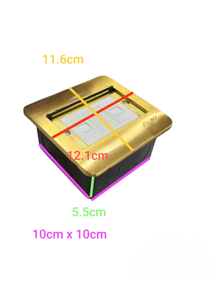 Royu Floor Outlet TEL and LAN Outlet with brass finish and detailed dimension markings