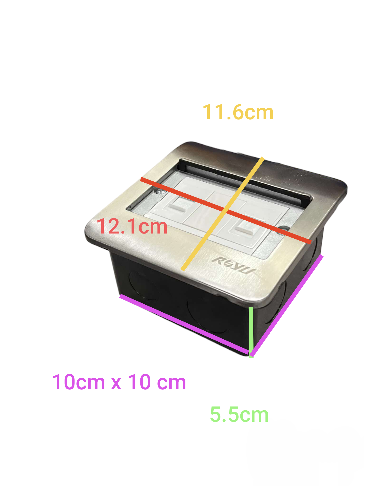 Royu Floor Outlet TEL and LAN Outlet with stainless steel frame and dimensions displayed