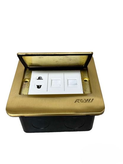Royu Gold Plate Floor Outlet Voice and Data with power socket and data ports in brass casing