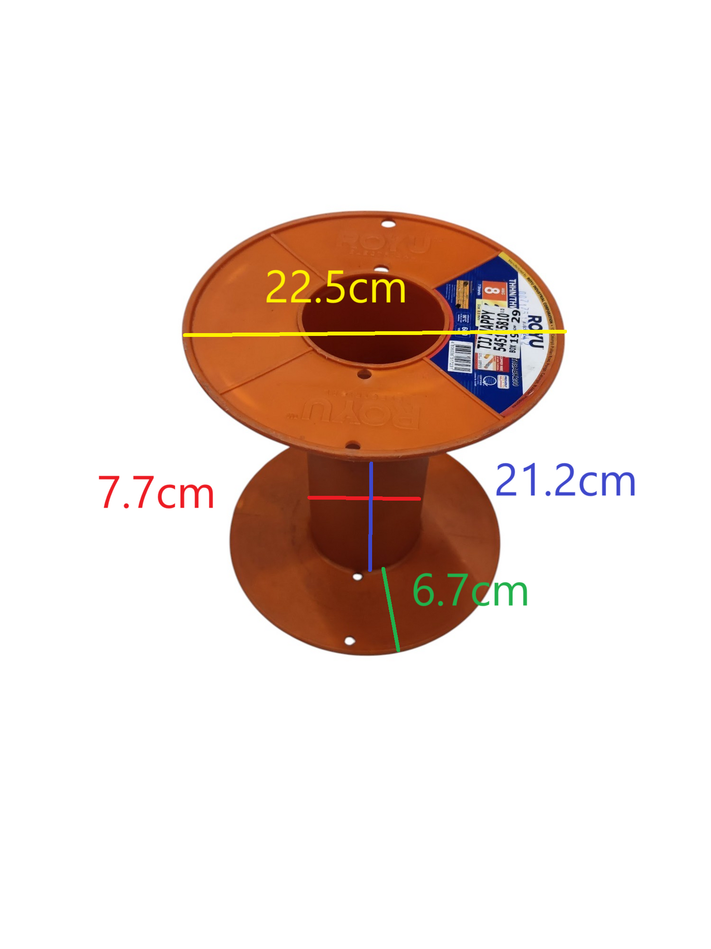 Large Spool for Wire or Other Thread in orange color with dimensions labeled for tool storage and shelving
