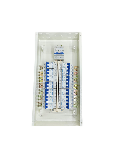 Royu miniature circuit breaker panel with blue and white breakers by Chint and Koten for electrical safety