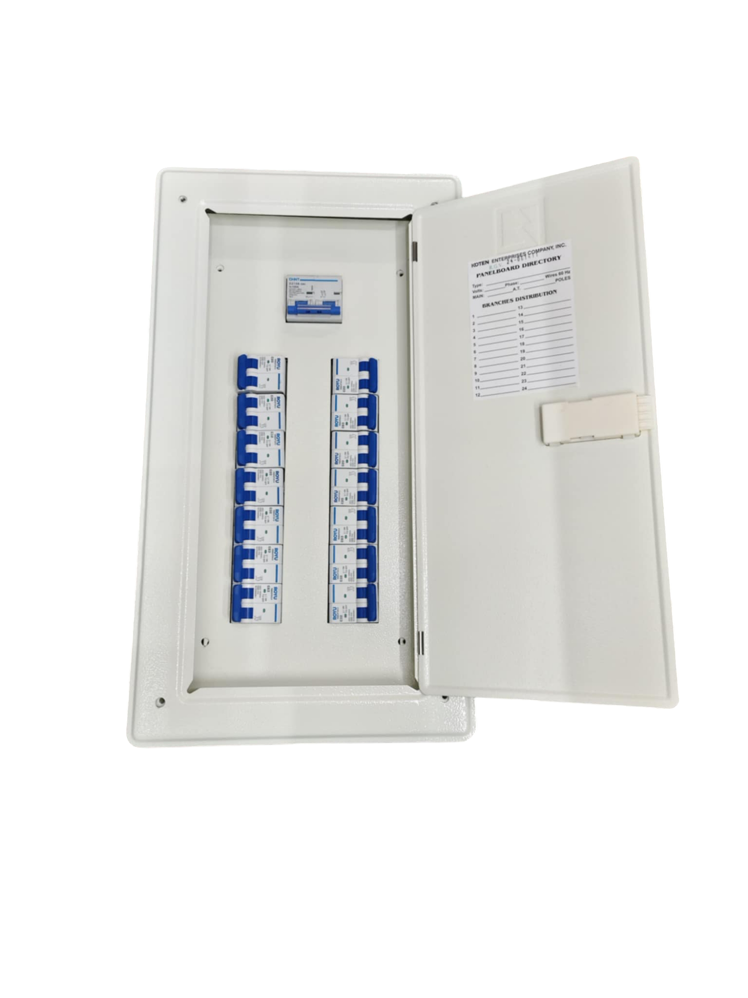 Royu miniature circuit breaker panel by Chint and Koten with multiple breaker switches inside a white enclosure