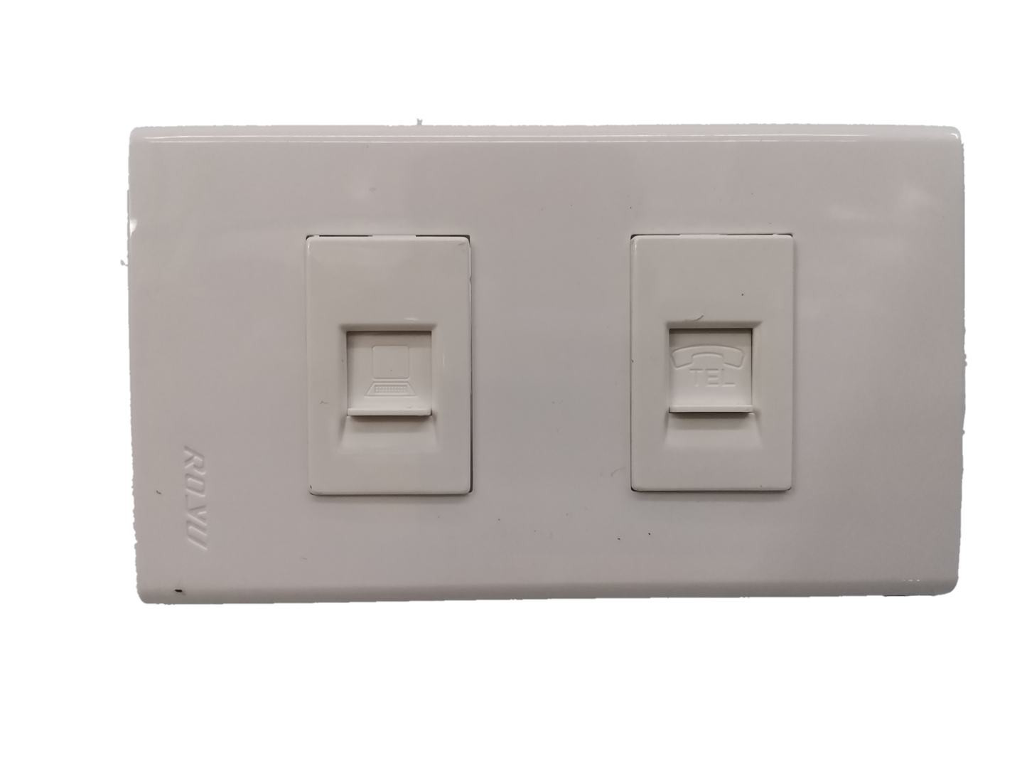 Royu network and phone wall plate with dual ports for network and telephone connections in white