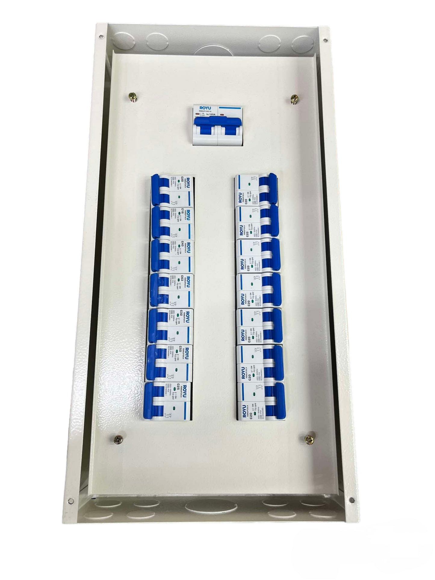 Panel Board 125A 2Pole Main Miniature electrical circuit breaker panel with multiple blue switches