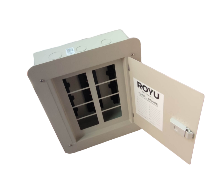 Royu Panel Board 4x4 8 Holes for 2 Pole Plug in with open door and white casing