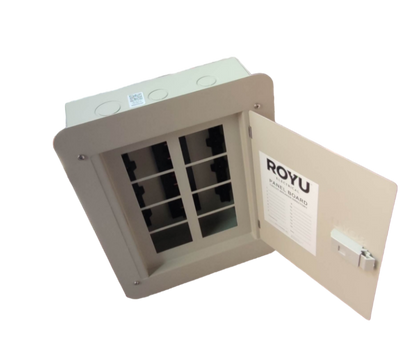 Royu Panel Board 4x4 8 Holes for 2 Pole Plug in with open door and white casing