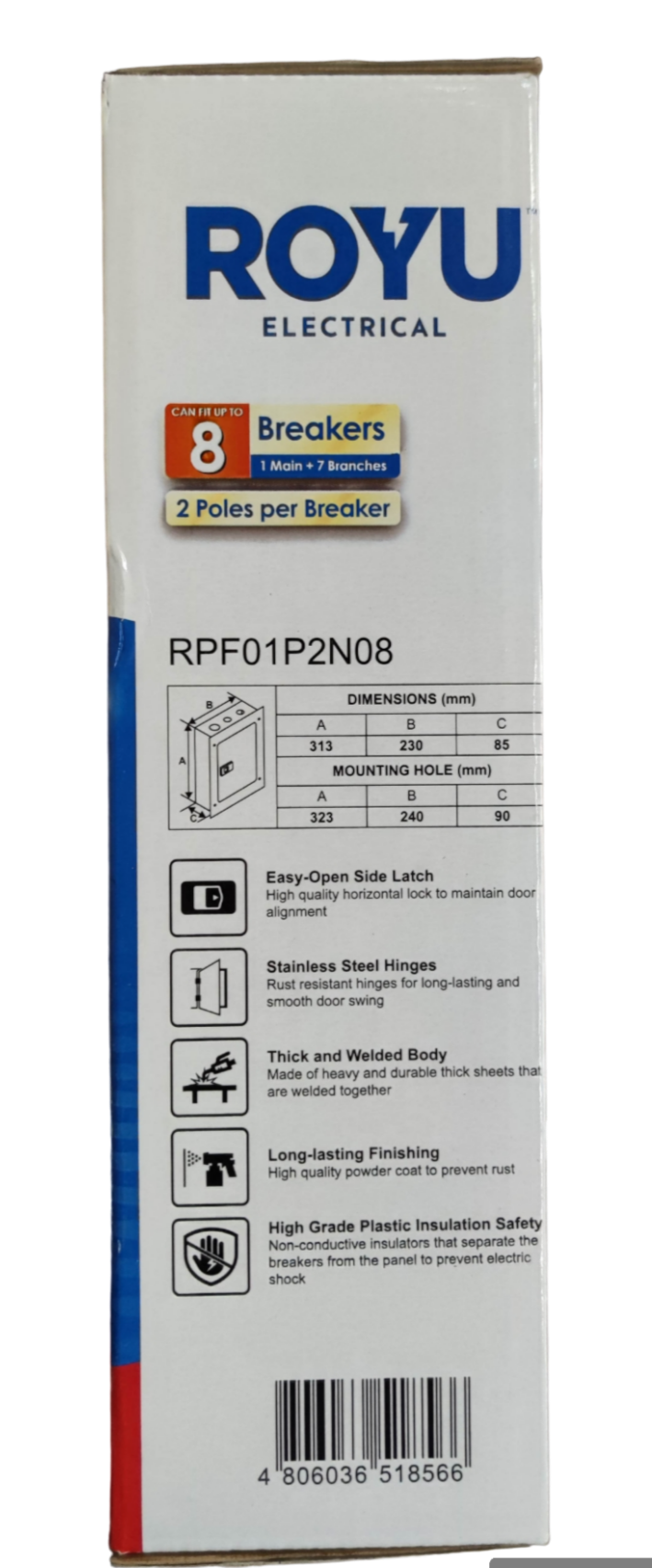Royu Electrical Panel Board 4x4 8 Holes for 2 Pole Plug with easy-open latch and stainless steel hinges