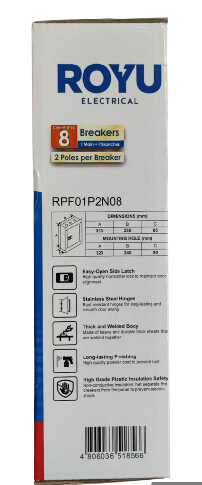 Royu Electrical Panel Board 4x4 8 Holes for 2 Pole Plug with easy-open latch and stainless steel hinges