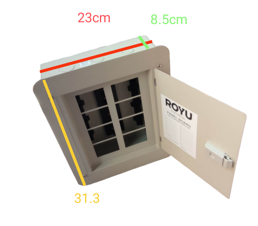 Royu Panel Board 4x4 8 Holes for 2 Pole Plug in with open metal door and dimensions visible