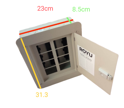 Royu Panel Board 4x4 8 Holes for 2 Pole Plug in with open metal door and dimensions visible
