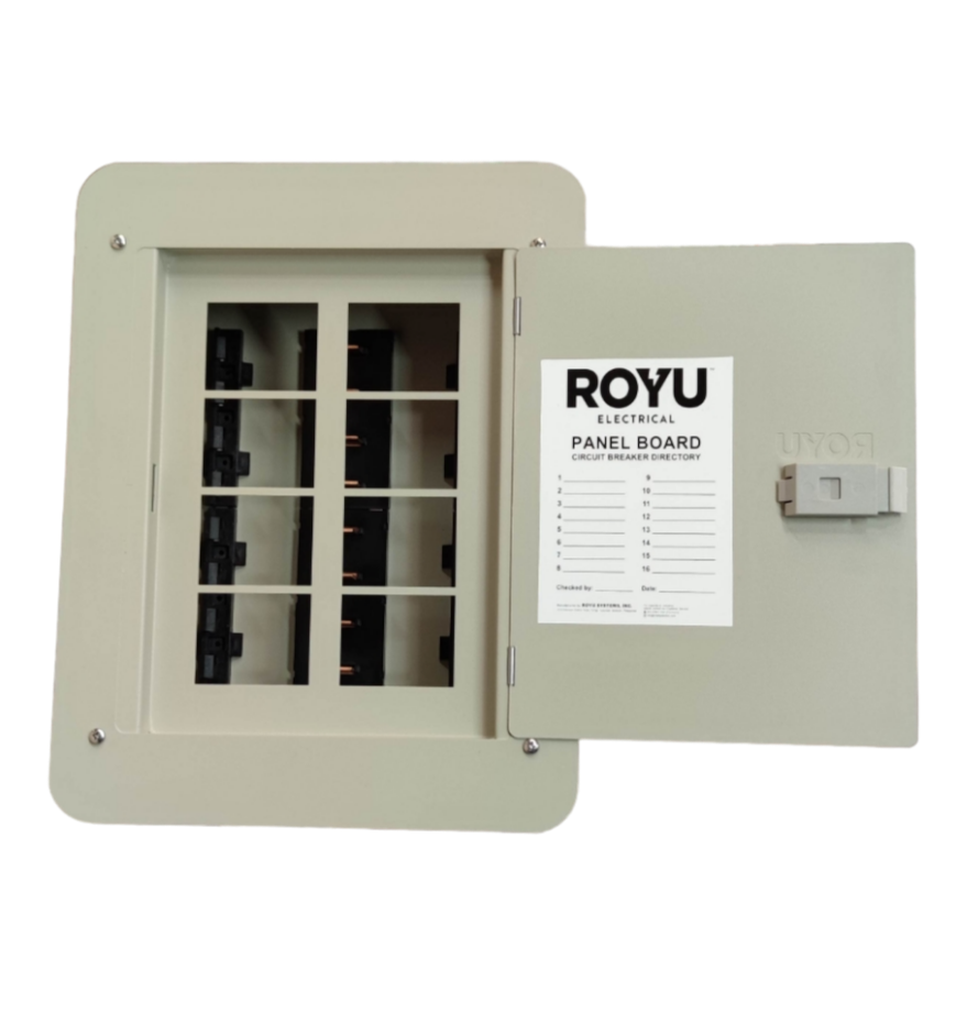 Royu Panel Board 4x4 8 Holes for 2 Pole Plug in electrical circuit breaker box with open door
