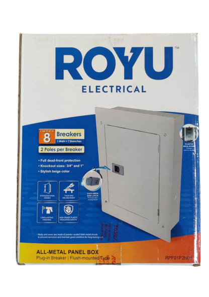 Royu Panel Board 4x4 8 Holes for 2 Pole Plug in all-metal electrical panel box with breaker slots