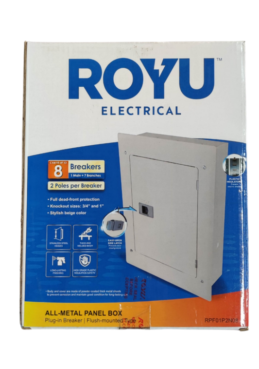 Royu Panel Board 4x4 8 Holes for 2 Pole Plug in all-metal electrical panel box with breaker slots