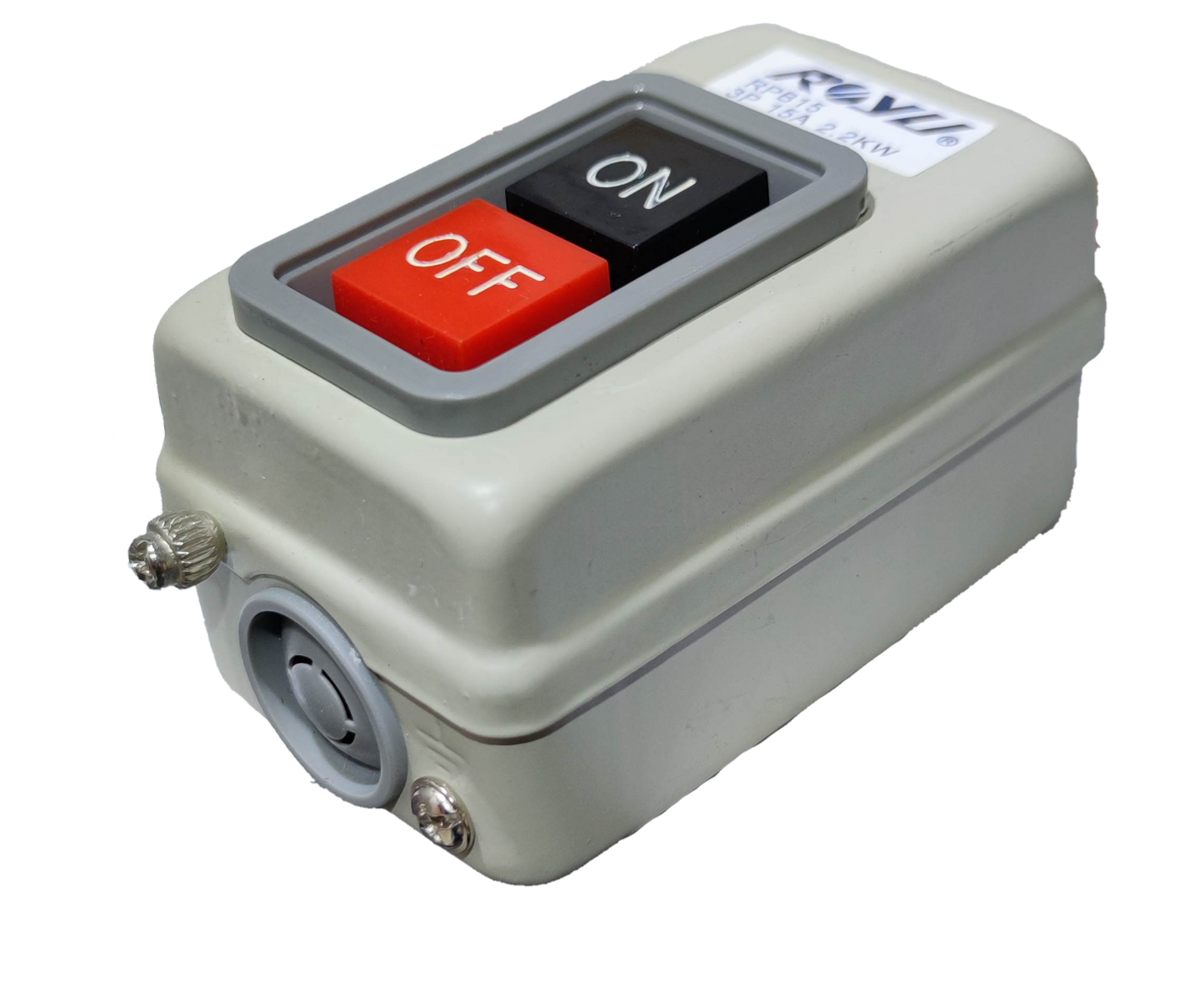 Royu Push Button Switch 10A 250V 3 Pole with red off and black on buttons in a gray casing