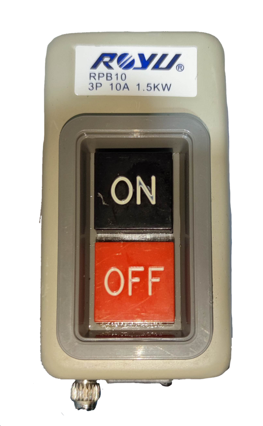 Royu Push Button Switch 10A 250V 3 Pole with ON and OFF buttons in white casing