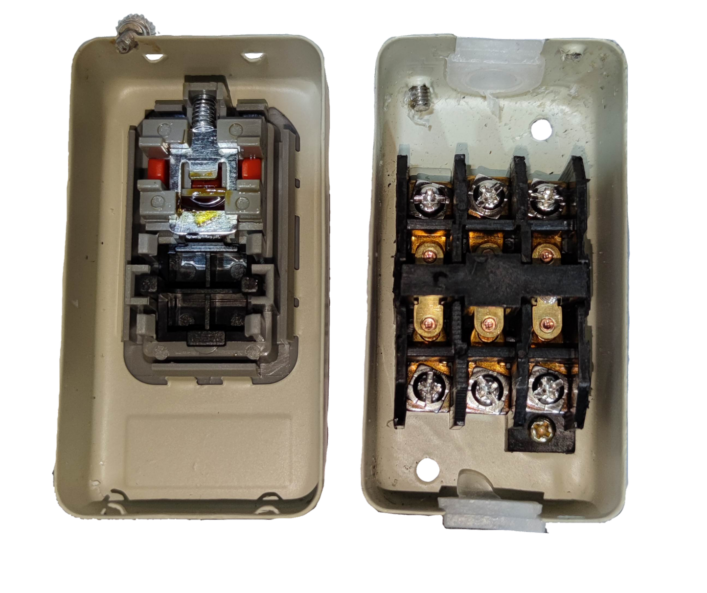 Royu Push Button Switch 10A 250V 3 Pole with detailed internal wiring and casing parts