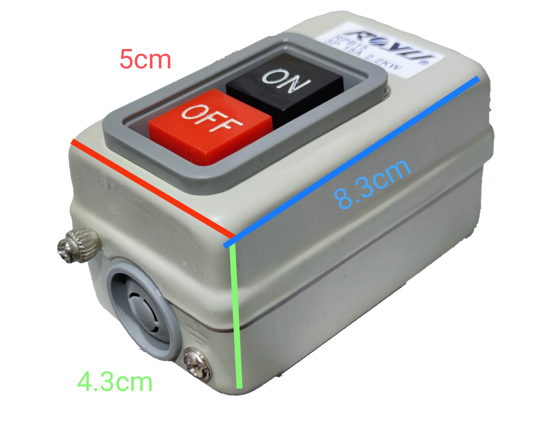 Royu Push Button Switch 15A 250V 3 Pole with red OFF and black ON buttons in a compact rectangular casing