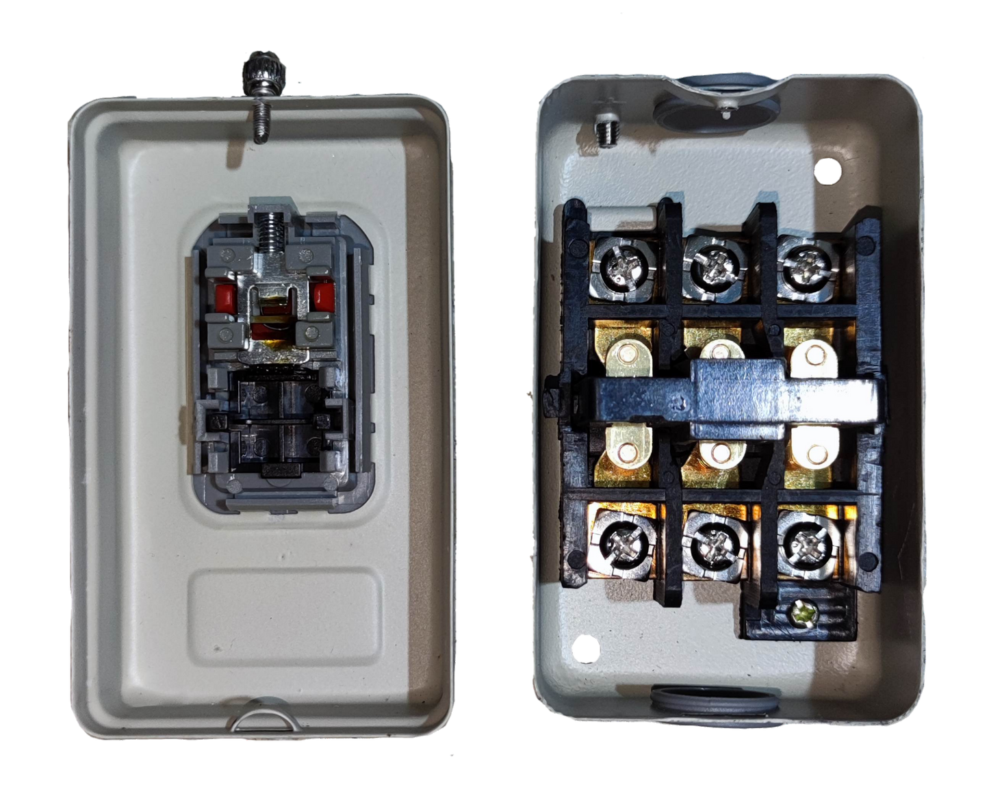 Royu Push Button Switch 15A 250V 3 Pole showing front and internal wiring terminals