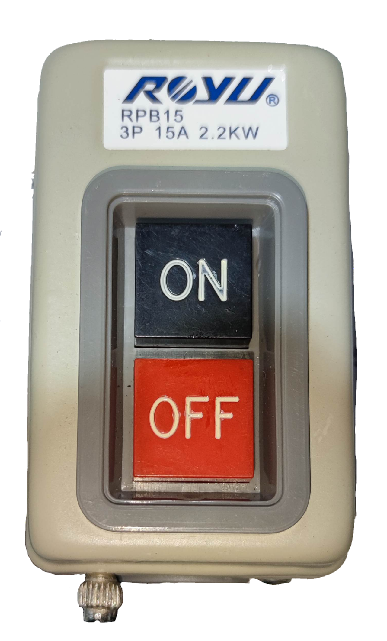 Royu Push Button Switch 15A 250V 3 Pole with black ON and red OFF buttons in a protective beige casing