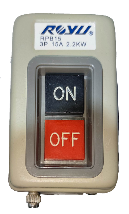 Royu Push Button Switch 15A 250V 3 Pole with black ON and red OFF buttons in a protective beige casing
