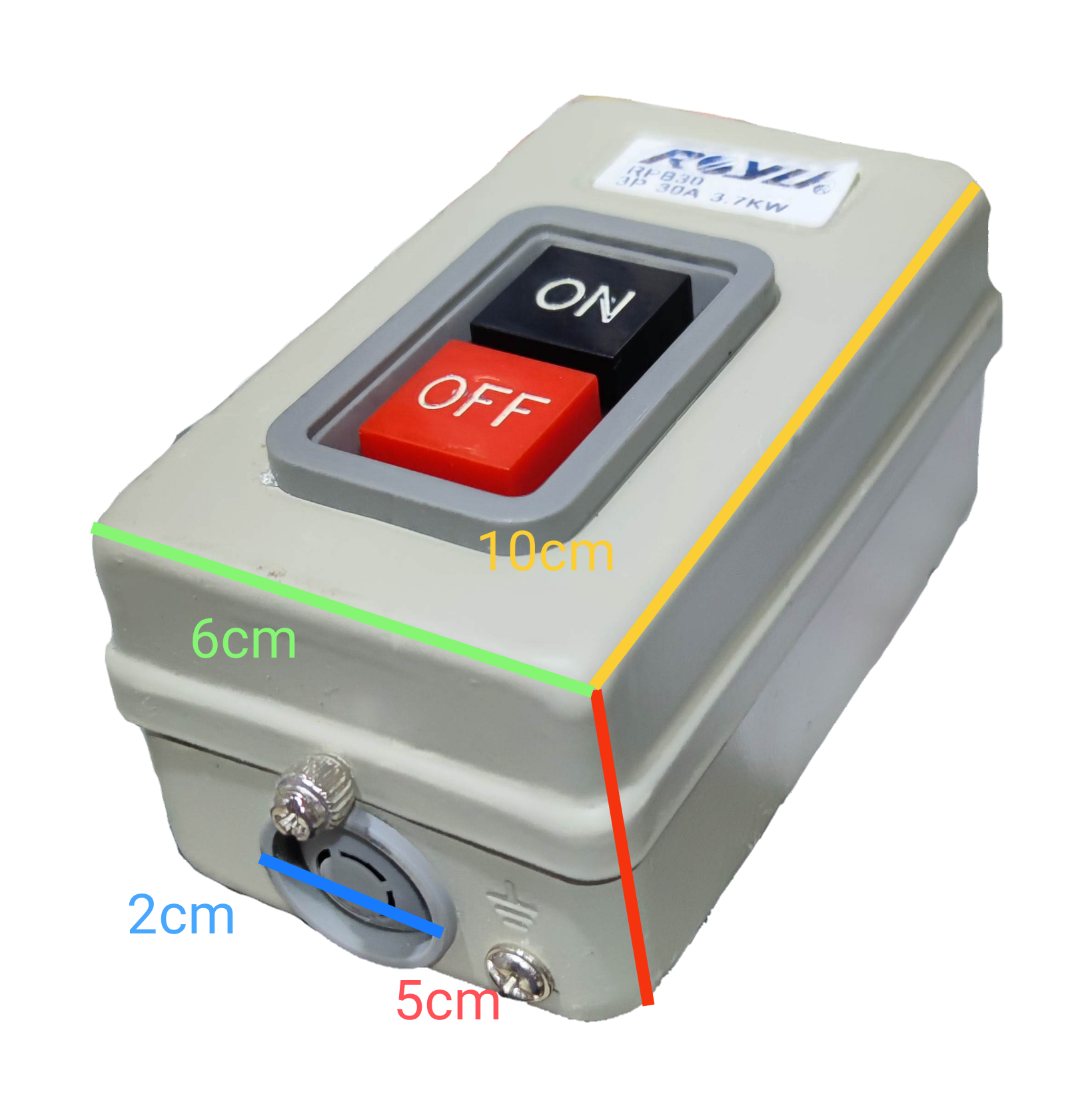 Royu Push Button Switch 30A 250V 3 Pole with red off and black on buttons in gray casing