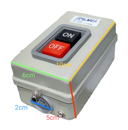 Royu Push Button Switch 30A 250V 3 Pole with red off and black on buttons in gray casing