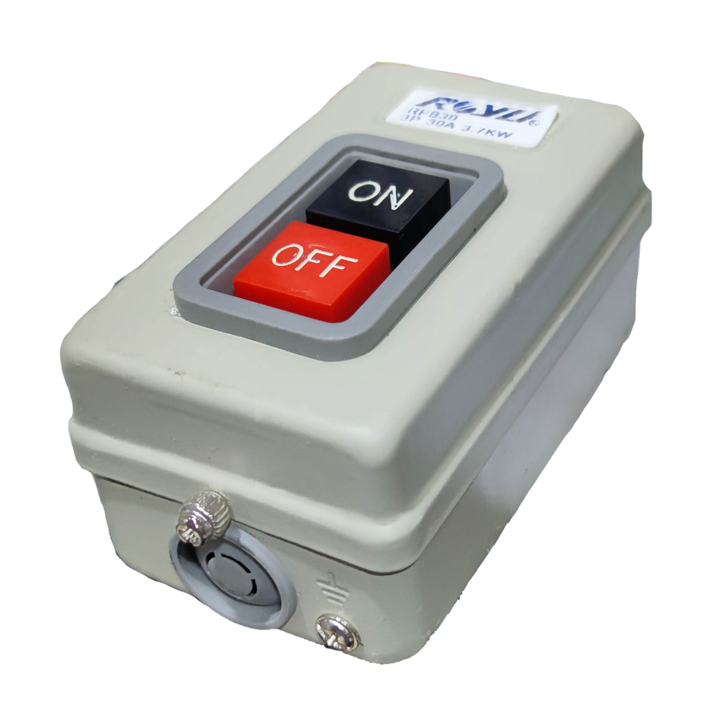 Royu Push Button Switch 30A 250V 3 Pole with black on and red off buttons in a gray casing