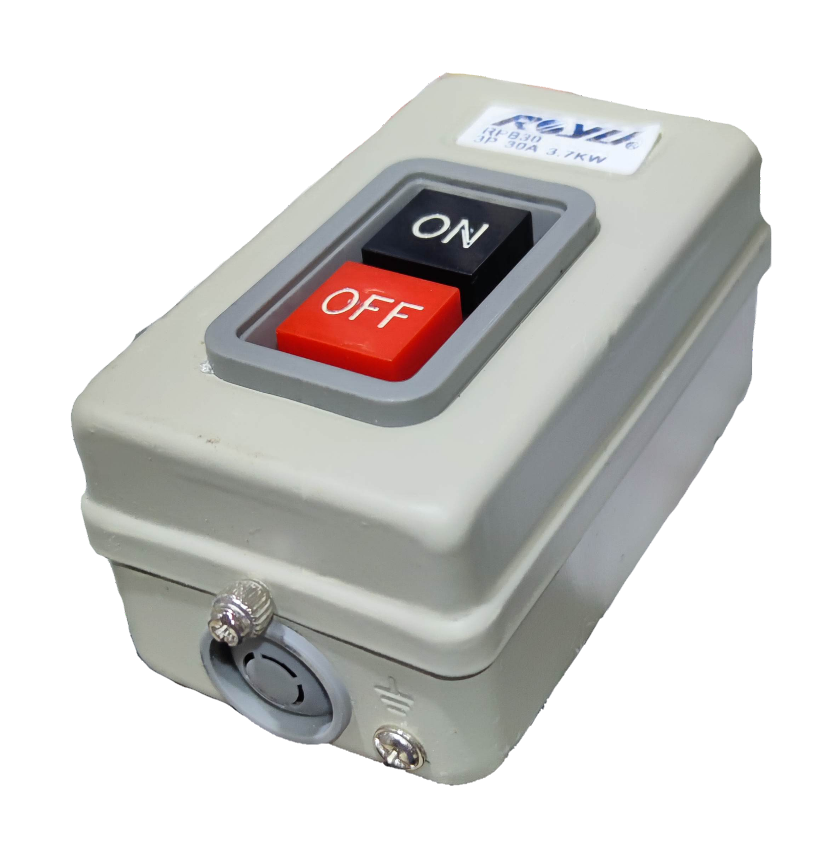 Royu Push Button Switch 30A 250V 3 Pole with black on and red off buttons in a gray casing