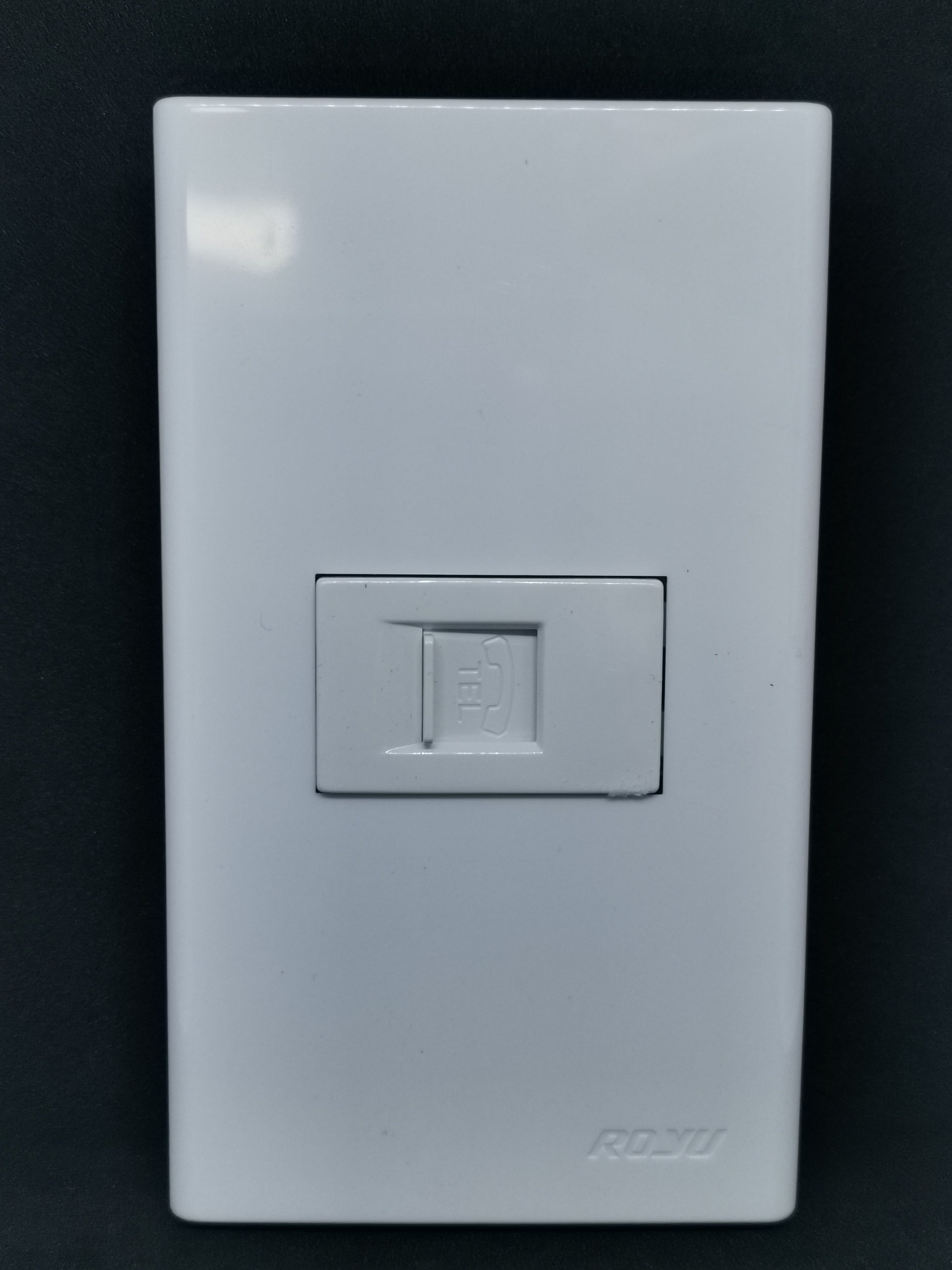 Royu 1 gang telephone outlet white plastic wall plate with centered jack and subtle Royu logo