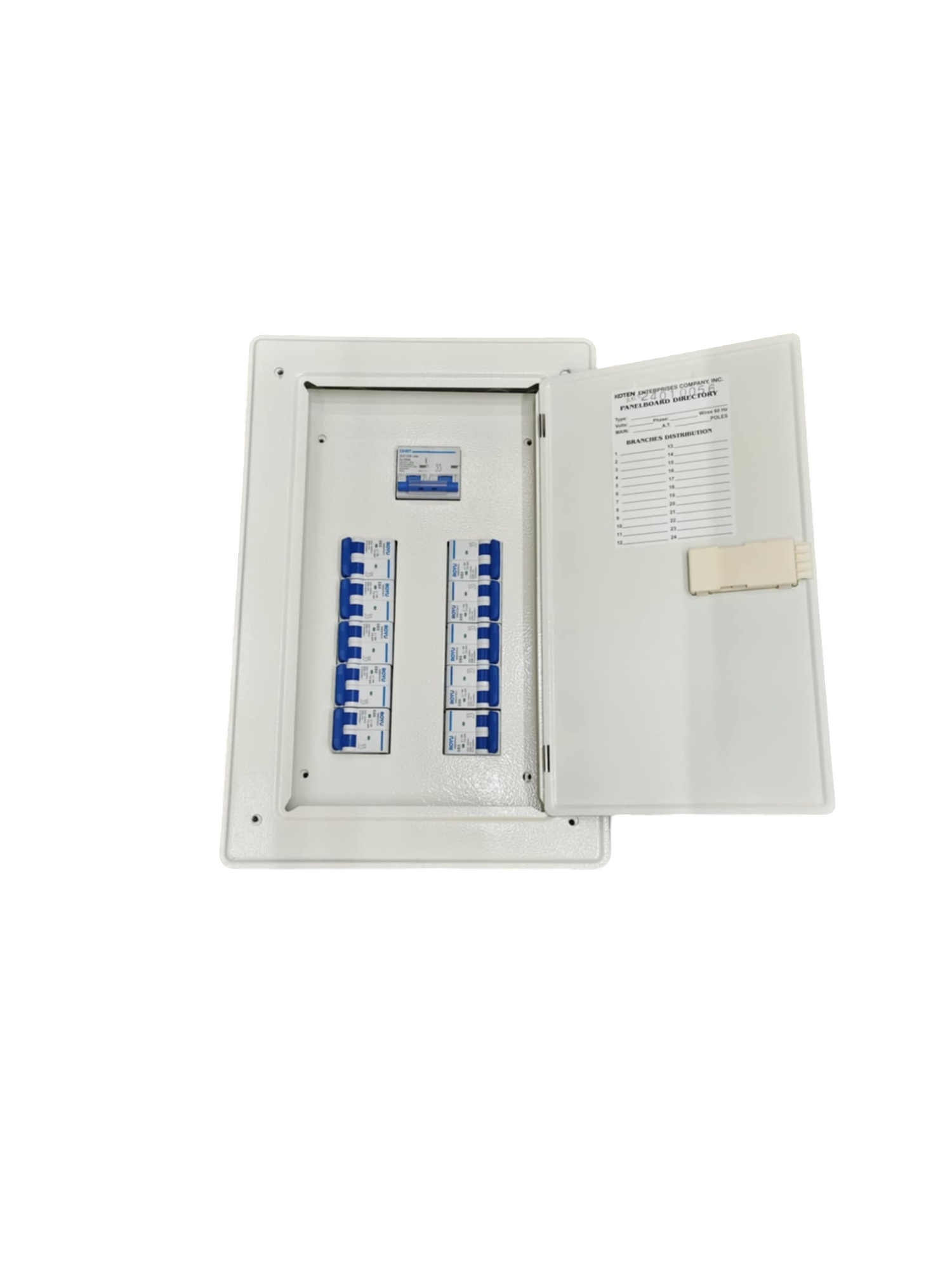 Royu 2 pole panel board for MCB with 100A Main. White flush mount distribution box with two rows of blue MCBs
