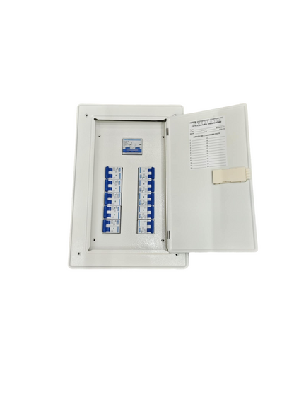 Royu 2 pole panel board for MCB with 100A Main. White flush mount distribution box with two rows of blue MCBs