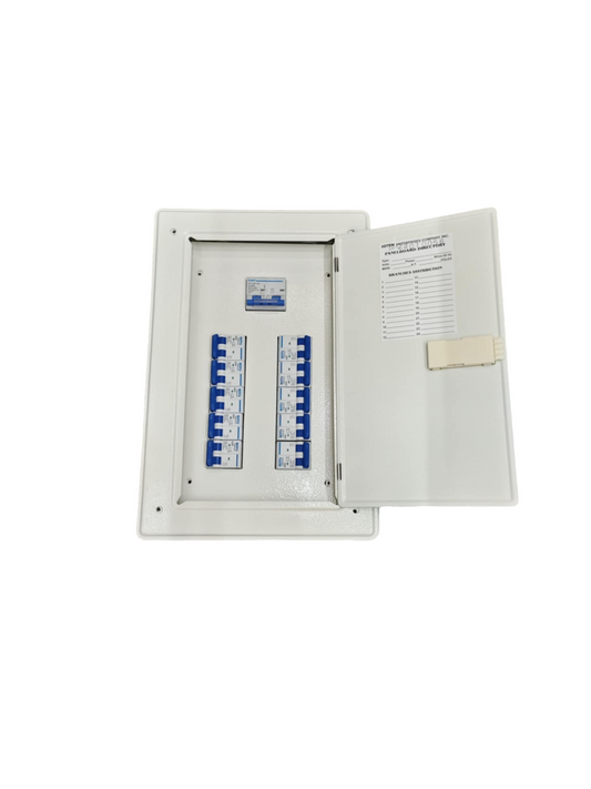 Royu 2 pole panel board for MCB with 100A Main. White flush mount distribution box with two rows of blue MCBs
