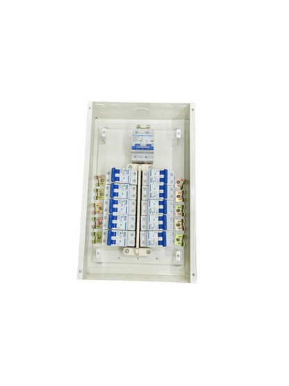 Royu 2 pole panel board for MCB with 100A Main. mounted in white metal enclosure showing multiple blue MCBs and busbars