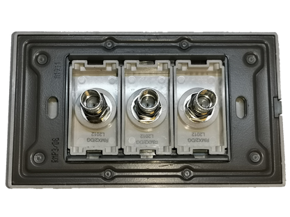 Royu 3 gang cable TV outlet close up showing three silver coax connectors in grey plastic mounting frame