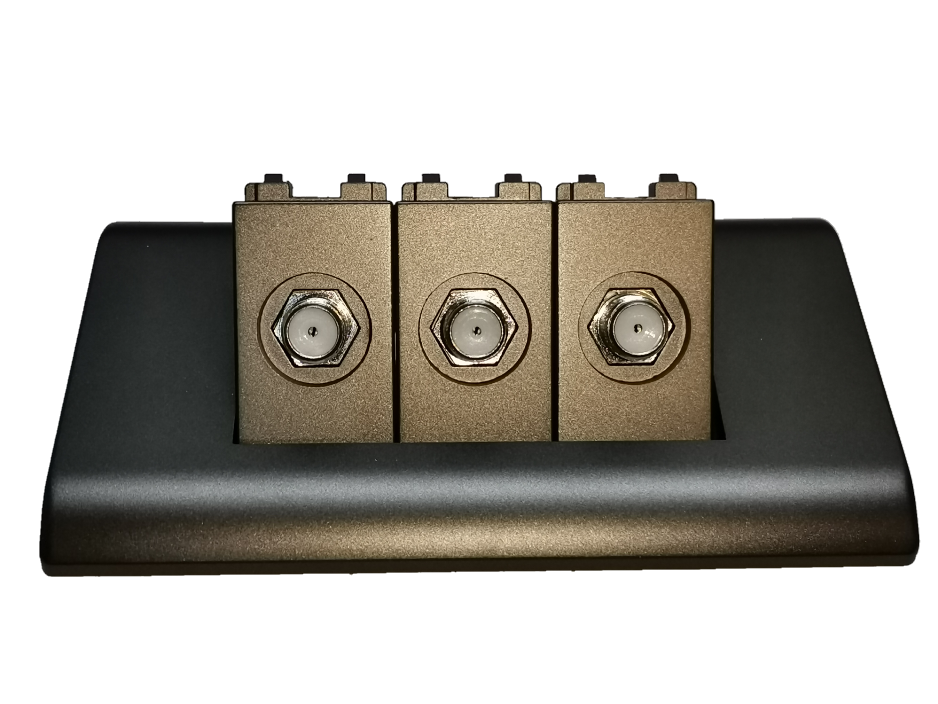 Royu 3 gang cable TV outlet with three metal coax connectors in bronze modules on a black faceplate