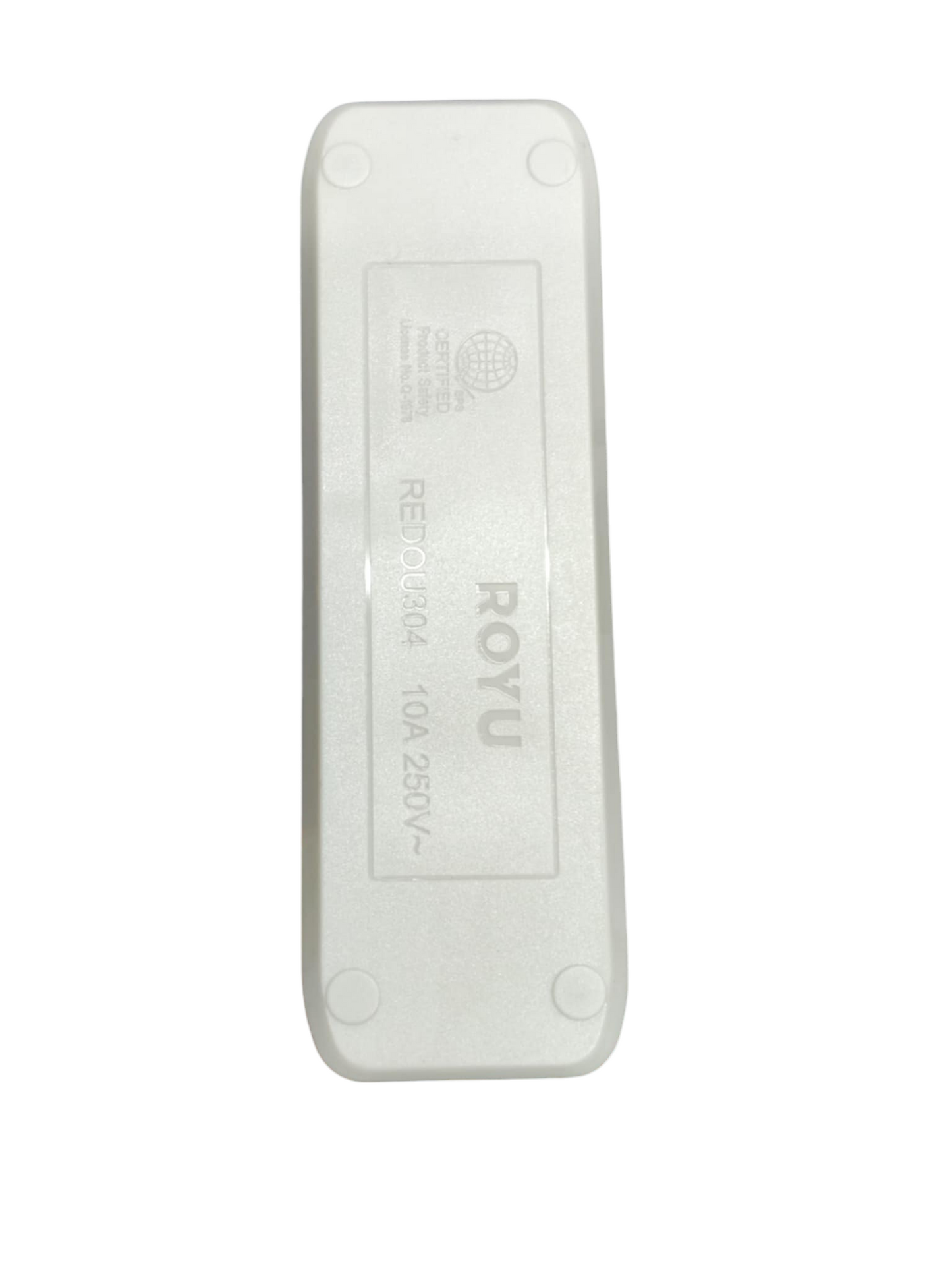 White Royu 4 gang flat pin outlet power strip back view showing Royu logo and 10A 250V rating