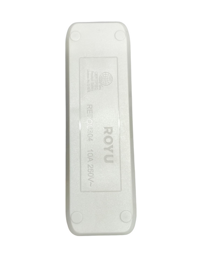 White Royu 4 gang flat pin outlet power strip back view showing Royu logo and 10A 250V rating