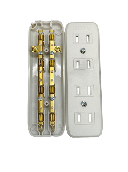 Royu 4 gang flat pin outlet showing white plastic cover removed and brass internal contacts for four sockets