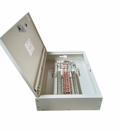 Royu MTS main panel board with interlock open metal enclosure showing copper busbars and terminal strips