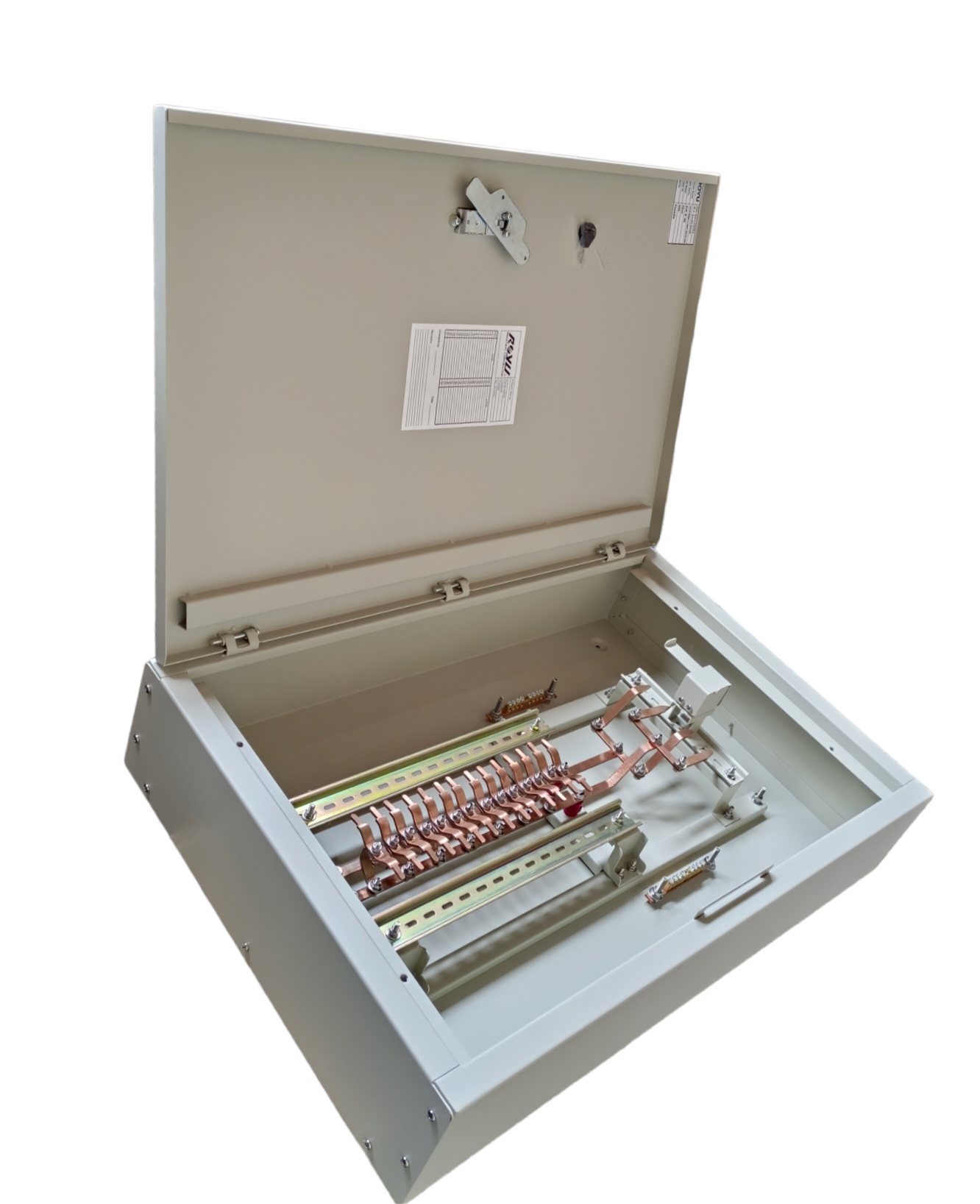 Royu MTS main panel board with interlock. Open metal electrical panel showing copper busbars, terminals, and mounting rail