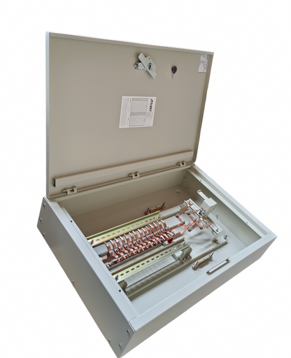 Royu MTS main panel board with interlock. Open metal electrical panel showing copper busbars, terminals, and mounting rail