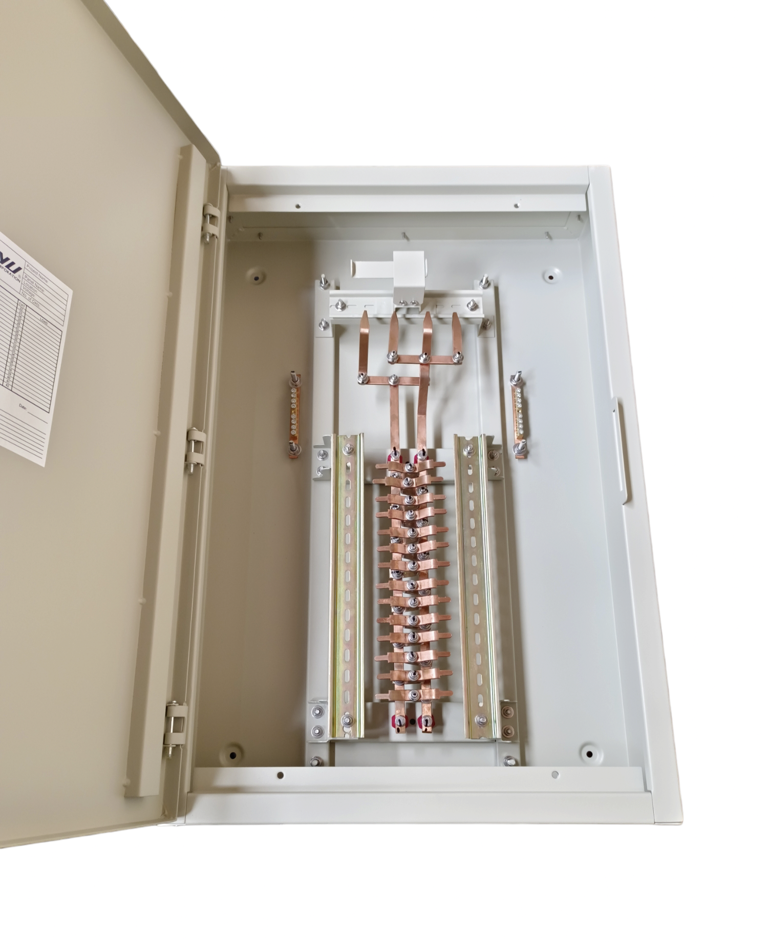 Royu MTS main panel board with interlock open metal enclosure showing copper busbars and terminals